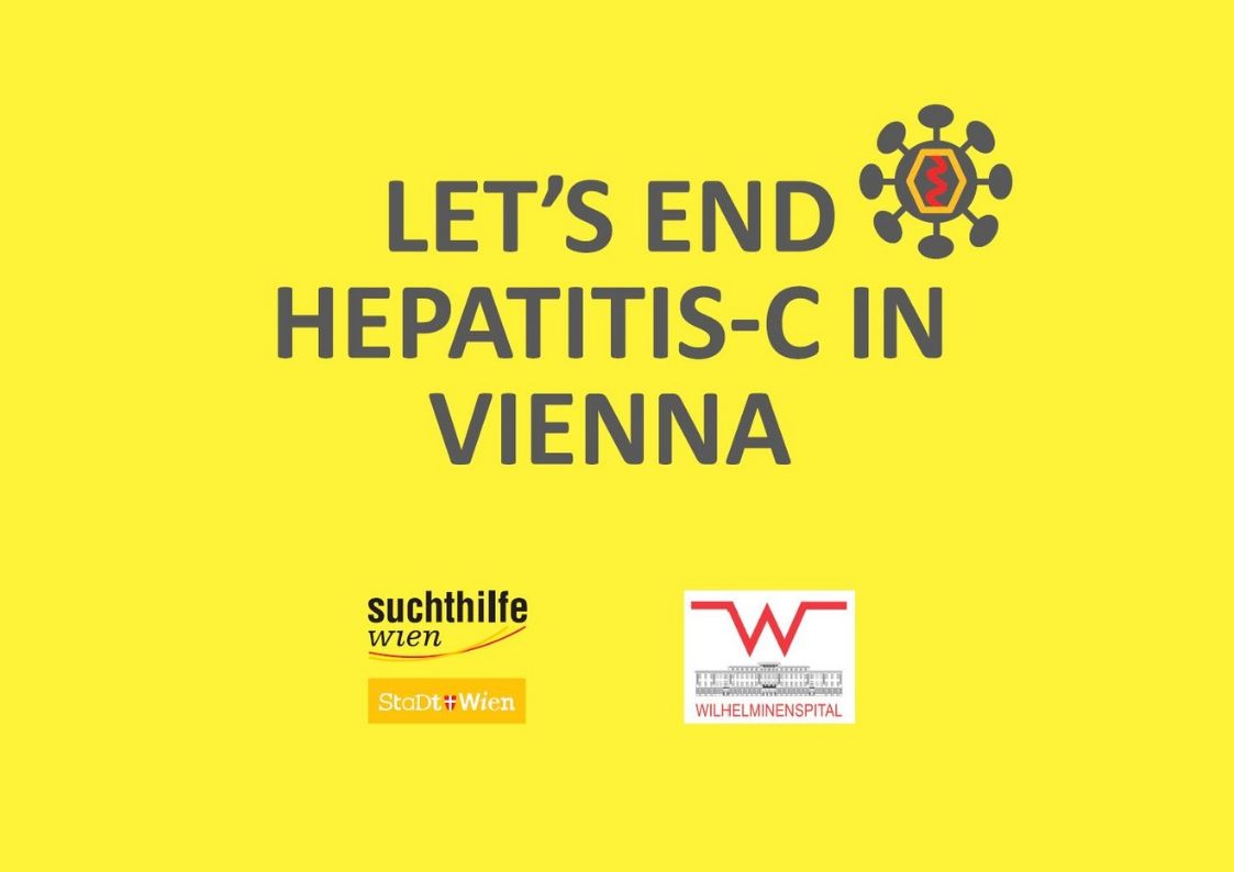 Infografik: Schwarzer Text auf knallgelbem Hintergrund: "LET'S END HEPTAITIS-C IN VIENNA"