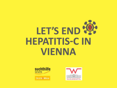 Infografik: Schwarzer Text auf knallgelbem Hintergrund: "LET'S END HEPTAITIS-C IN VIENNA"