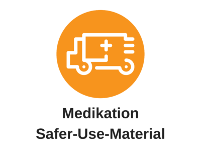 Symbolbild für aufsuchende Notversorgung (Rettungswagen), Titel "Medikation, Safer-Use-Material"