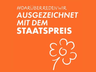 Illustration in Orange mit großem weißen Text: "#DARÜBERREDENWIR, AUSGEZEICHNET MIT DEM STAATSPREIS"