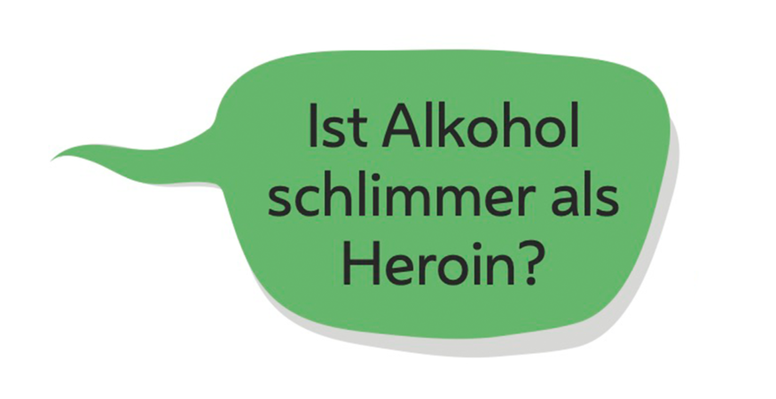 grüne Sprechblase: "Ist Alkohol schlimmer als Heroin?"