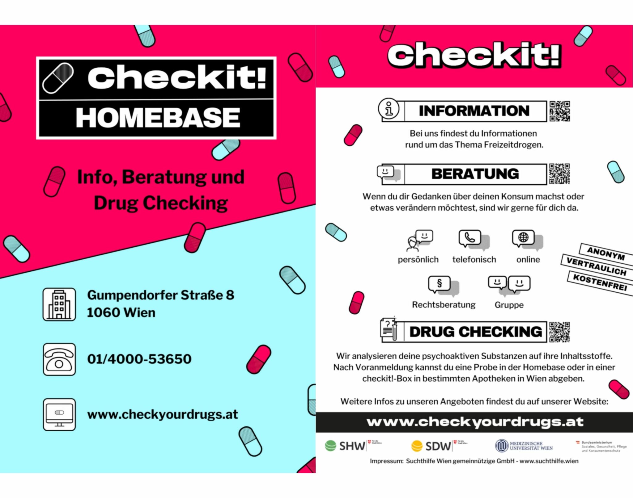 Checkit! Flyer mit Basis-Infos zur HomeBase : Kontaktdaten und Angebote (Beratung und Drug-Checking)