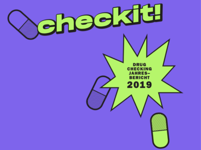 Infografik mit neongrüner Schrift auf lila Hintergrund: "checkit! Drug Checking Jahresbericht für 2019"