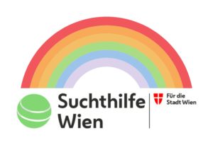 Logo-Kombination zum Thema Vielfalt: das Suchthilfe Wien Logo, gekrönt vom Regenbogen der LGBTQIA+Communiy