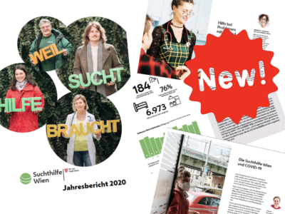 Collage zum neuen Jahresbericht aus dem Cover und Innenseiten mit Grafiken, Fotos und Text